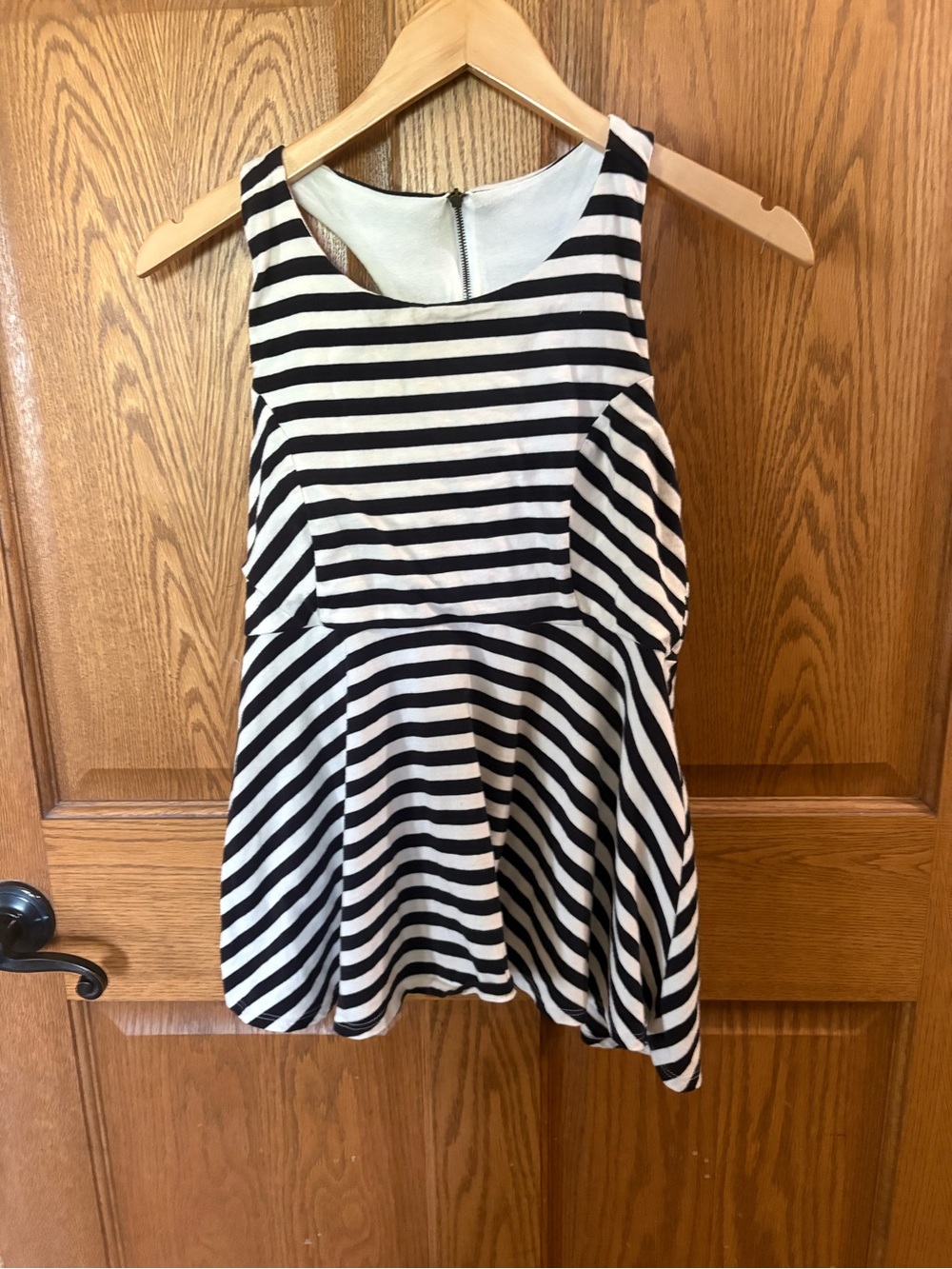 Black & White Striped Sleeveless Peplum Tank Top